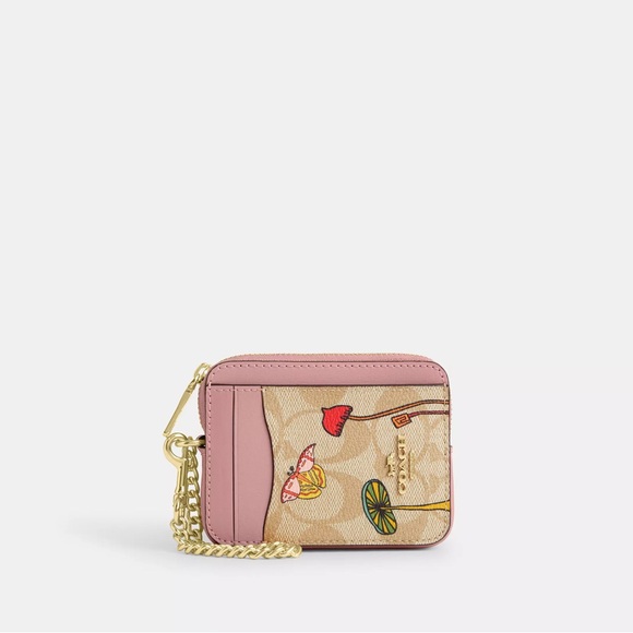 NWT Coach X Observed By Us Zip Card Case In Signature Canvas Lt Khaki Pink CU403 - Picture 1 of 3